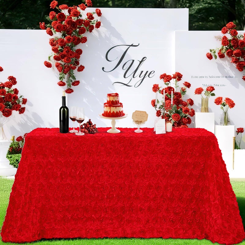B.Cool B-COOL Red Rosette Tablecloth 60x102 Inch 3D Floral Satin Table Overlay Valentines Wedding Table Cloth Red Flowers Table Fabric Celebration Birthday Rectangle Table Linen - Image 5